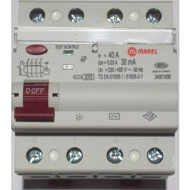 KAÇAK AKIM KORUMA ŞARTELİ AC TİPİ 4 KUTUPLU 3mA 40 AMPER resmi